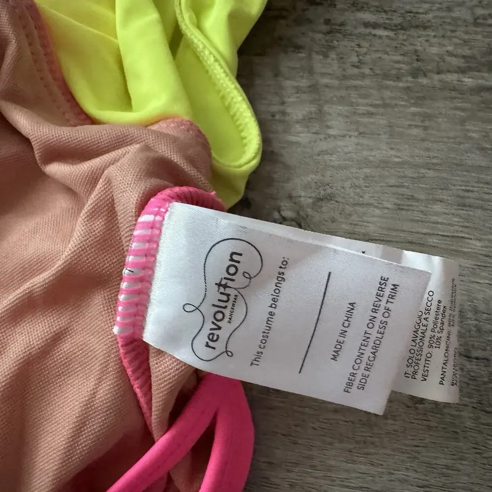 Revolution RC24609 What Is Love Size LC Girls Large Dance Leotard Fringe Neon